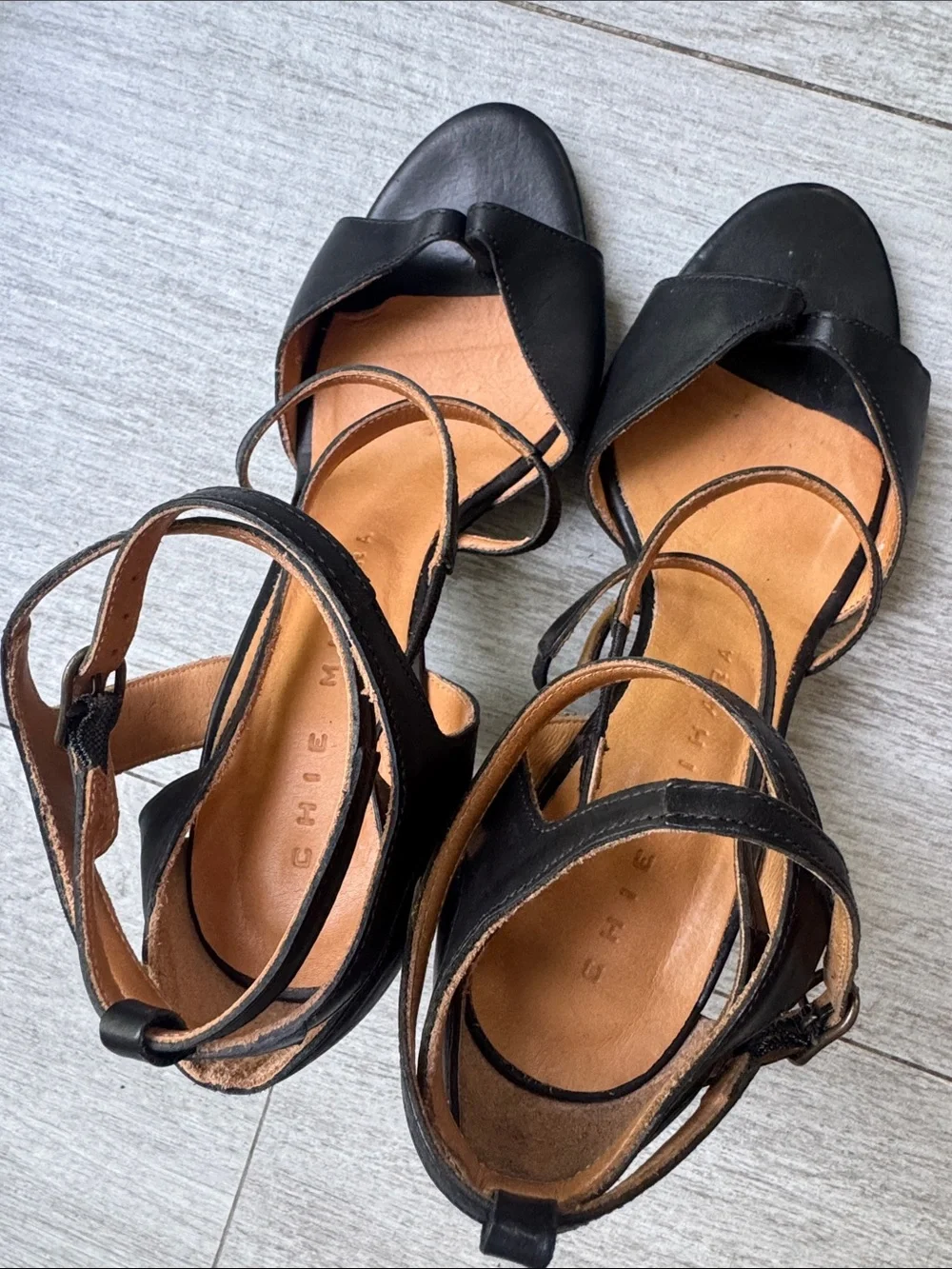 Chie Mihara Black Leather Strappy High Heel Sandals size 6.5